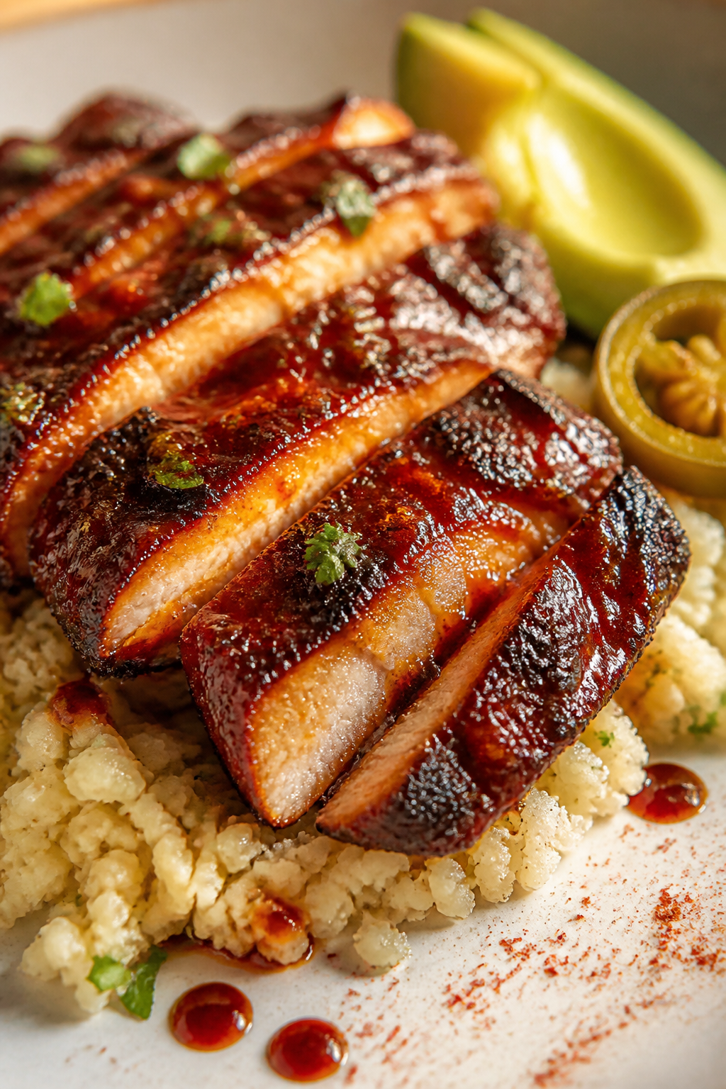 Close-up detail, final presentation: Extreme close-up of juicy BBQ chicken slices atop cauliflower r
