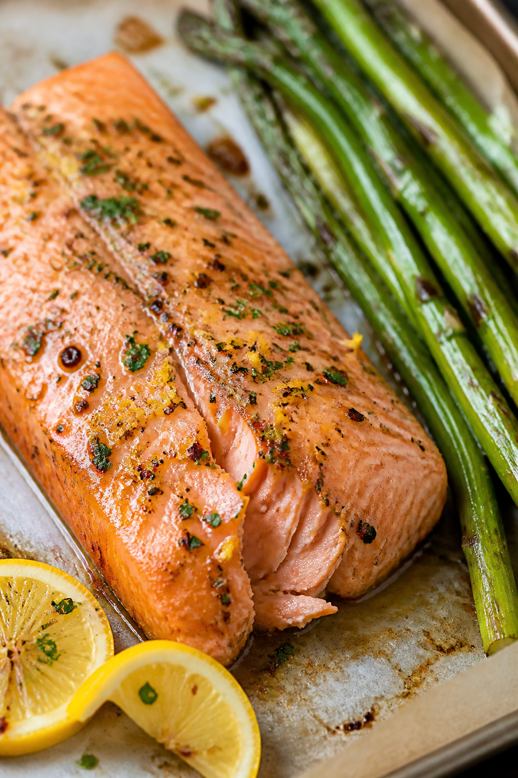 Close-up detail: Flaky roasted salmon fillet just out of the oven, skin-side down on parchment-lined