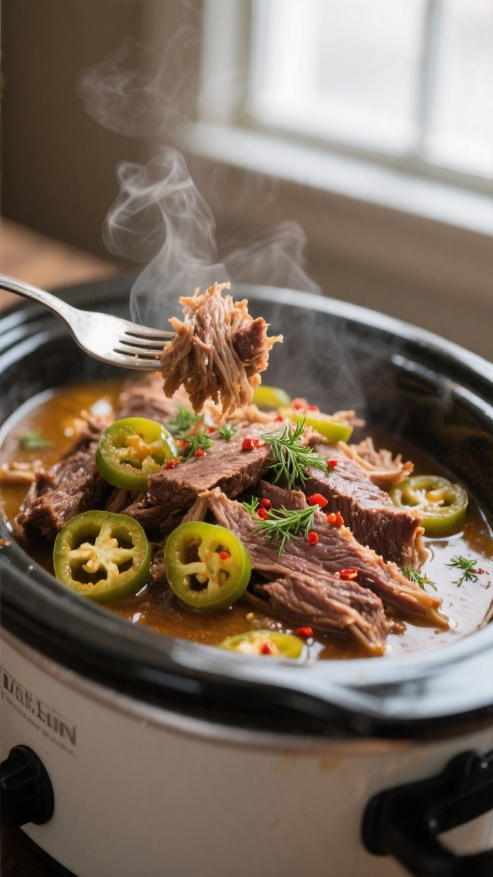Close-up detail: Fork-tender shredded chuck roast glistening in a buttery, tangy jus inside a crockp