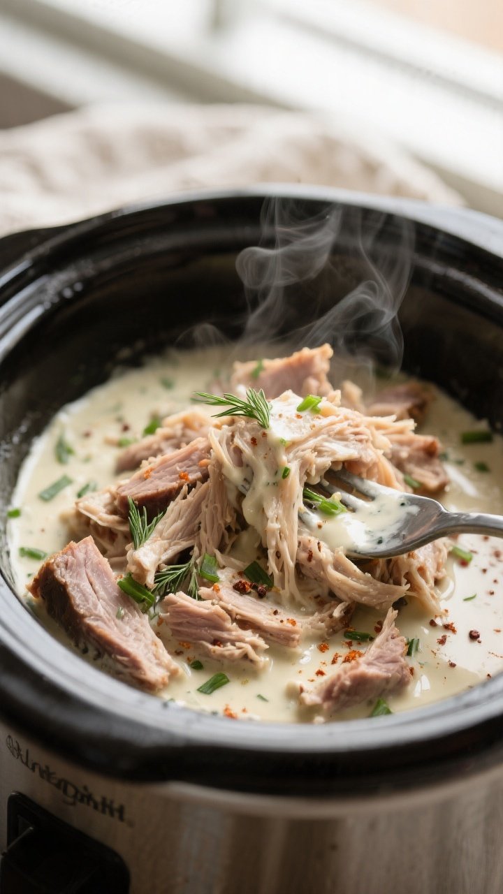 Close-up detail: Fork-tender shredded pork shoulder tossed in a creamy ranch sauce inside the slow c