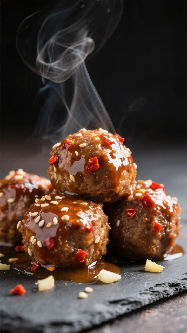 Close-up detail: Glazed keto honey-garlic meatballs fresh from the slow cooker, coated in a glossy,