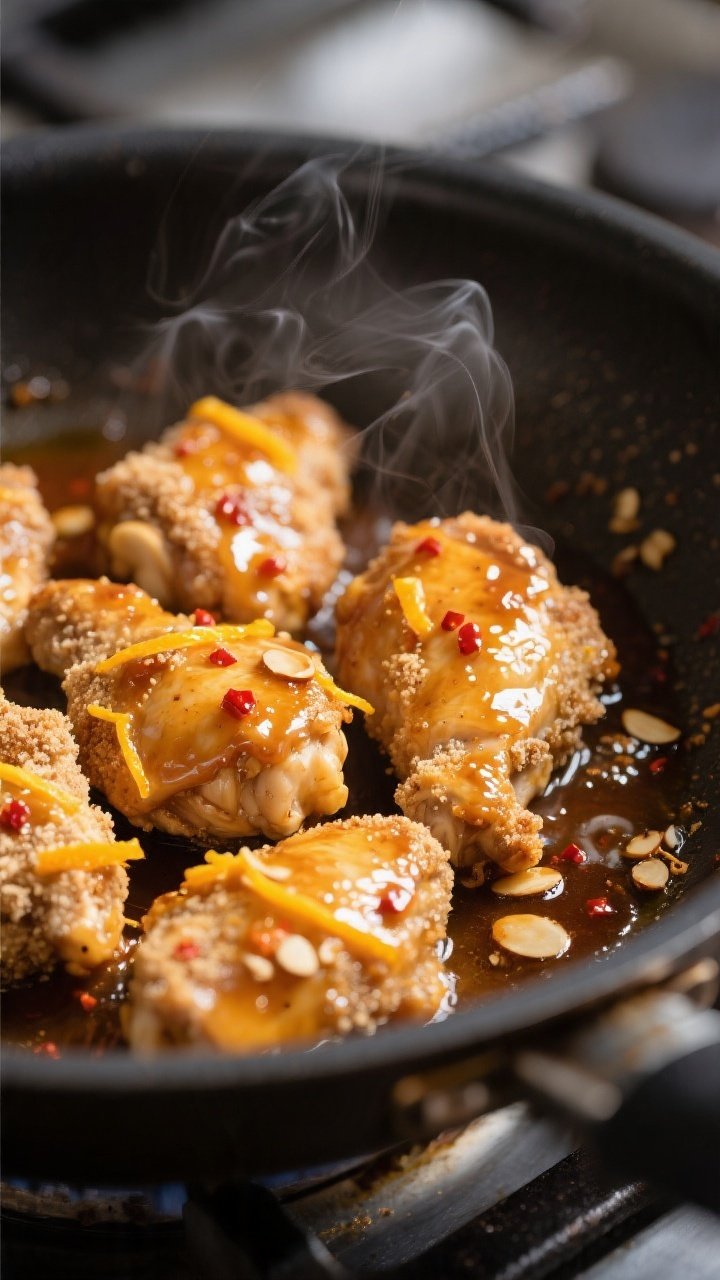 Close-up detail: Glossy keto orange chicken tossed in a skillet, sauce clinging to golden, almond-an