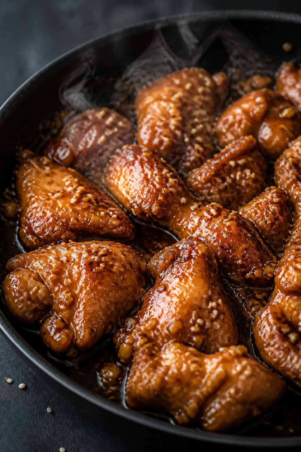 Close-up detail: Glossy sugar-free teriyaki chicken thigh pieces just tossed back into the pan, lacq