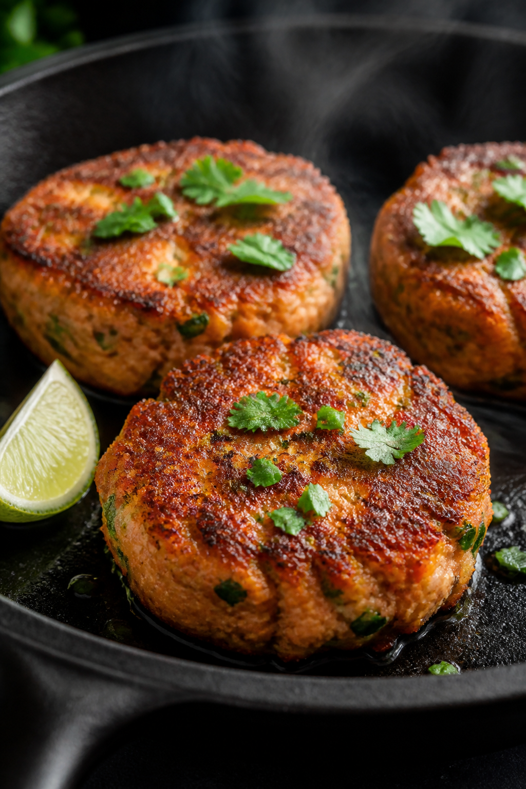 Close-up detail: Golden-brown chipotle-lime keto salmon patties searing in a cast-iron skillet, edge