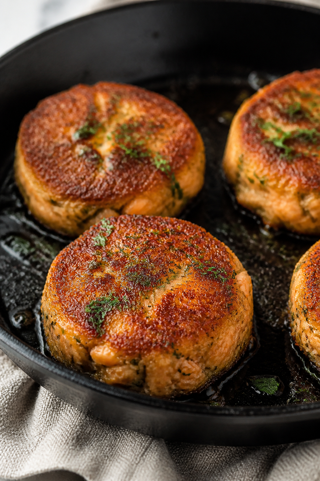 Close-up detail: Golden-brown keto salmon cakes sizzling in a well-seasoned skillet, mid-sear, showi