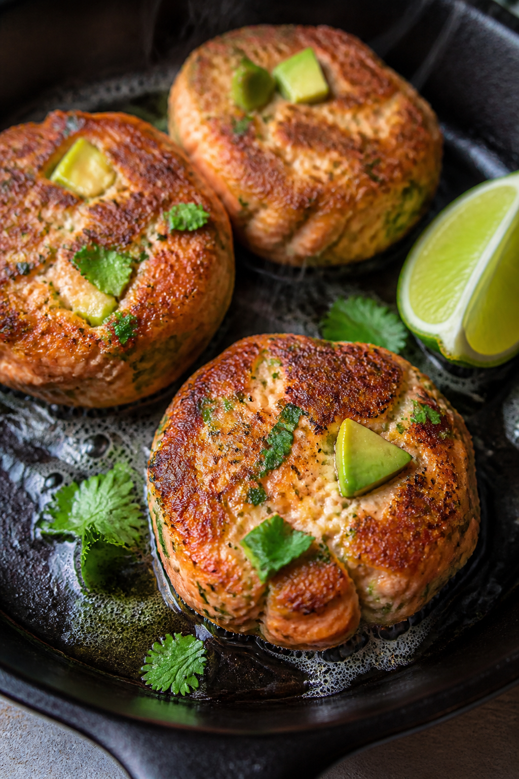 Close-up detail: Golden-brown keto salmon cakes sizzling in a cast-iron skillet, crisp seared edges 