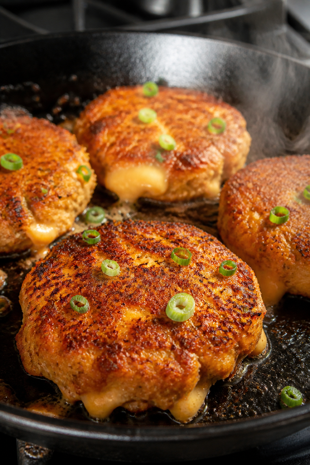 Close-up detail: Golden-brown keto salmon patties sizzling in a cast-iron skillet, cheese visibly me
