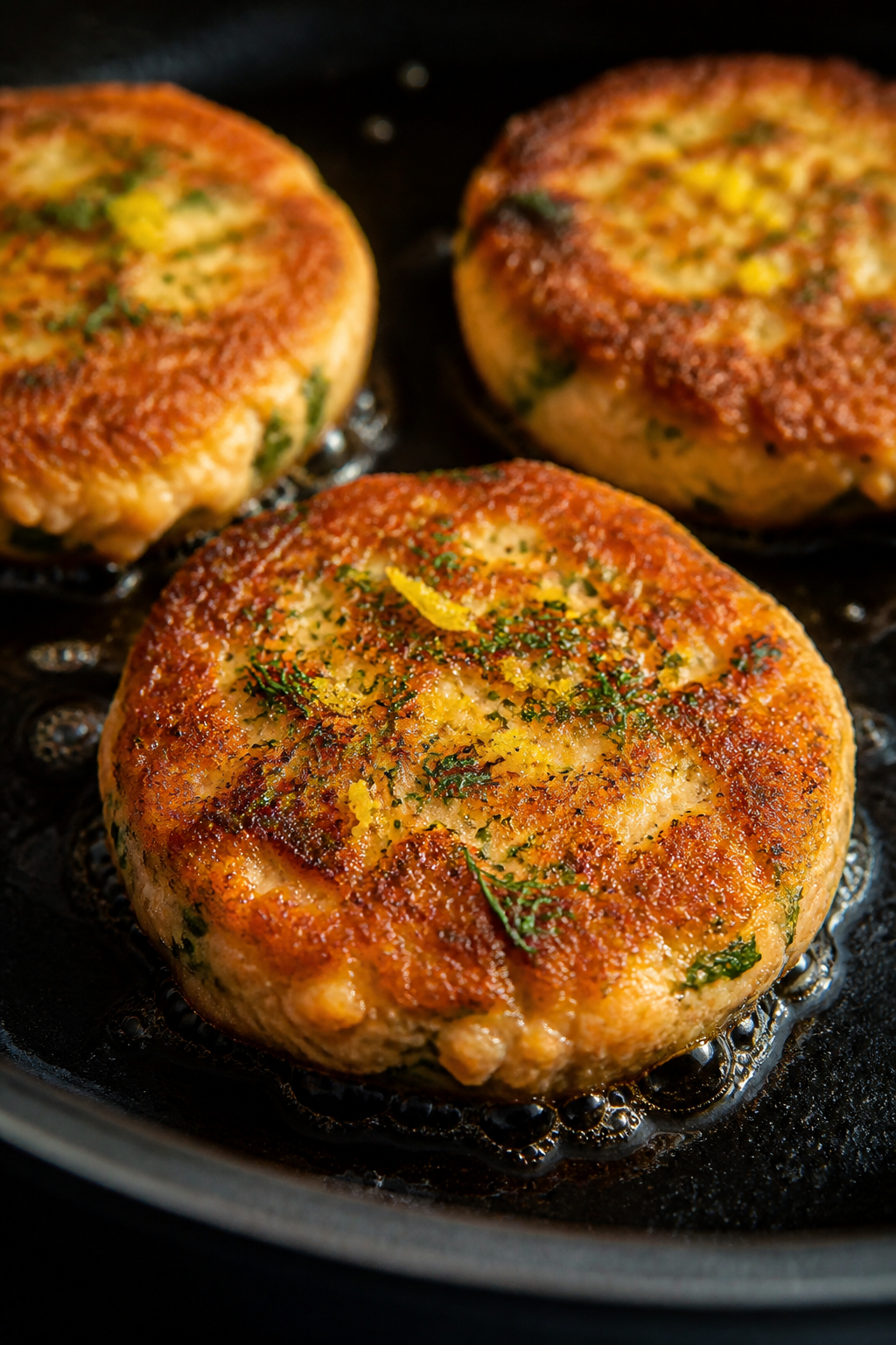 Close-up detail: Golden-brown keto salmon patties sizzling in a cast-iron skillet during shallow pan