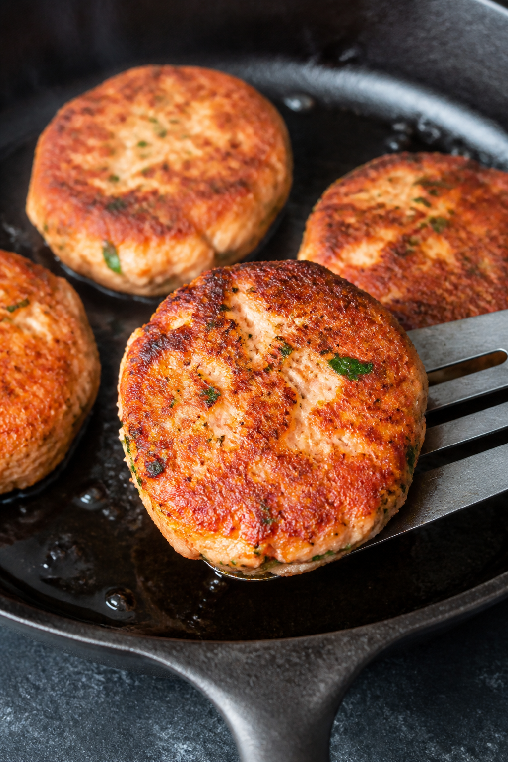 Close-up detail: Golden-brown keto salmon patties sizzling in a cast-iron skillet, mid-cook flip wit