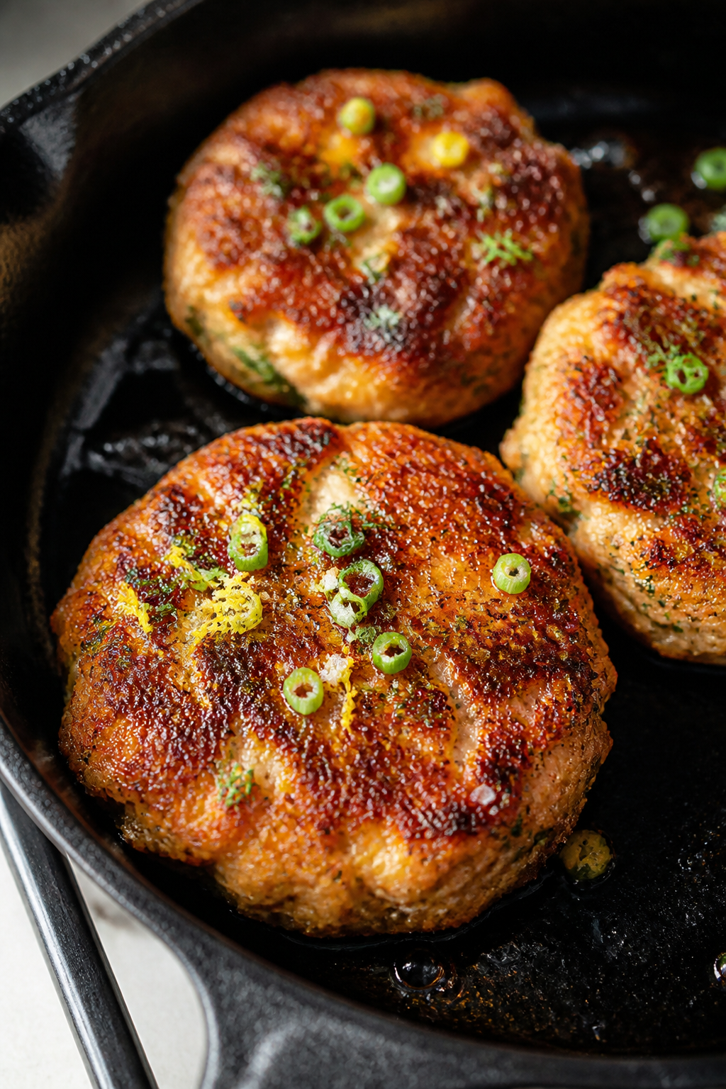 Close-up detail: Golden-brown Old Bay keto salmon cakes sizzling in a cast-iron skillet, edges visib