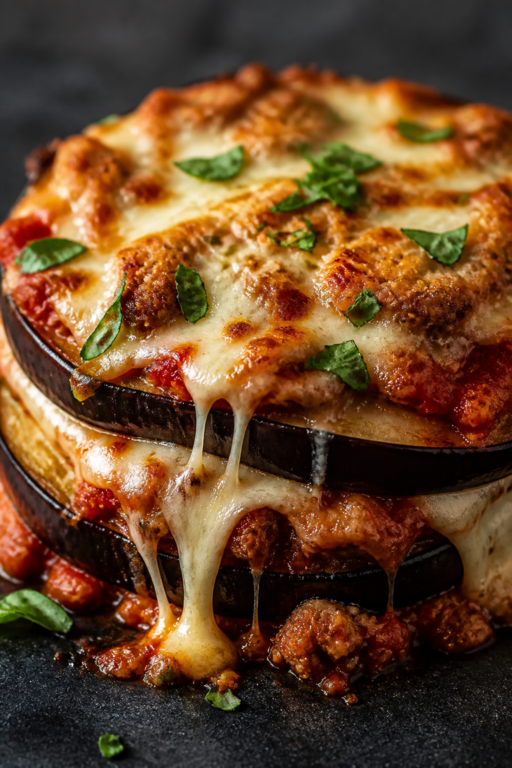 Close-up detail: Golden-brown roasted eggplant slices layered with crumbled browned Italian sausage 