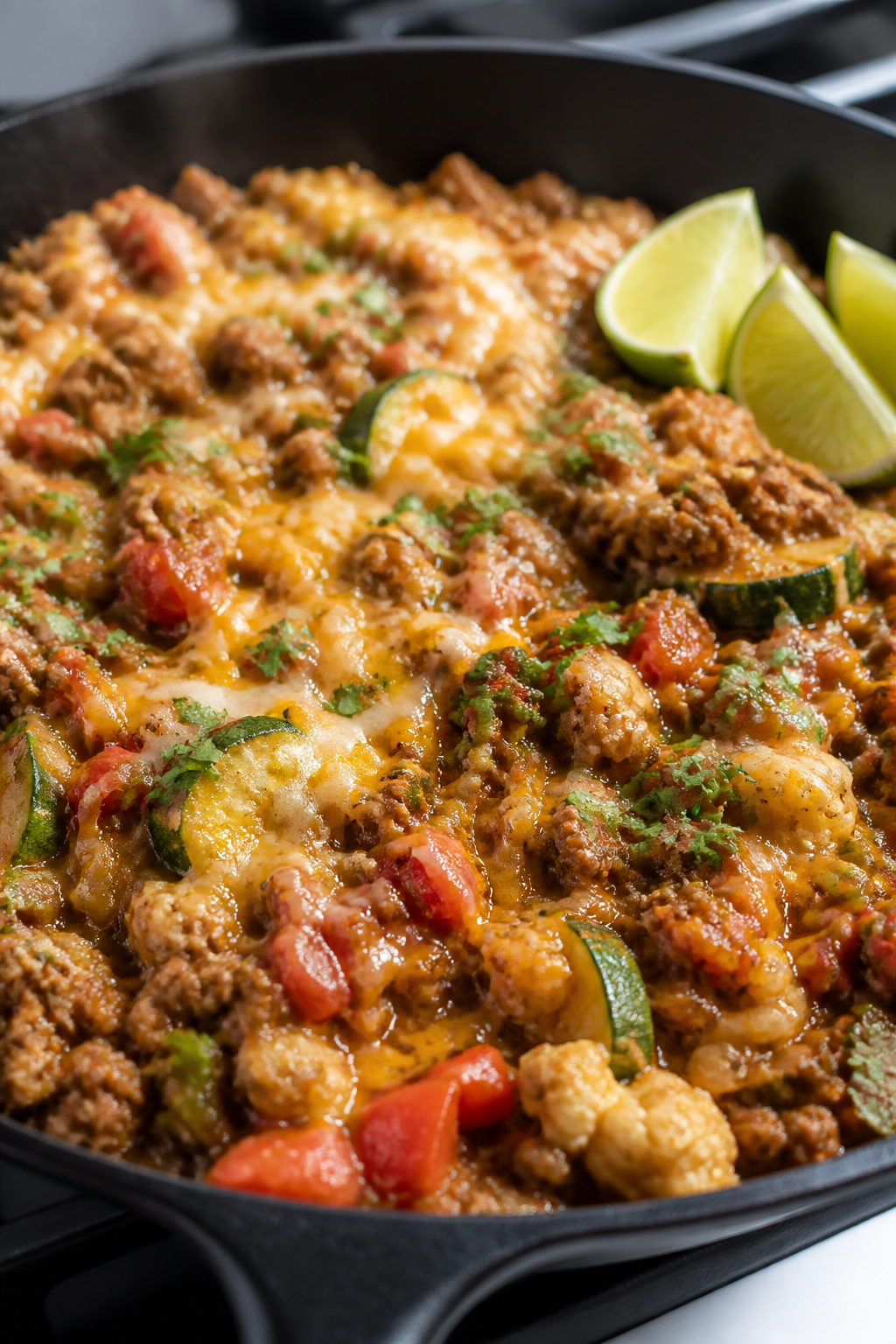 Close-up detail: Golden-browned crumbled beef taco skillet mid-simmer in a cast-iron pan, saucy and 