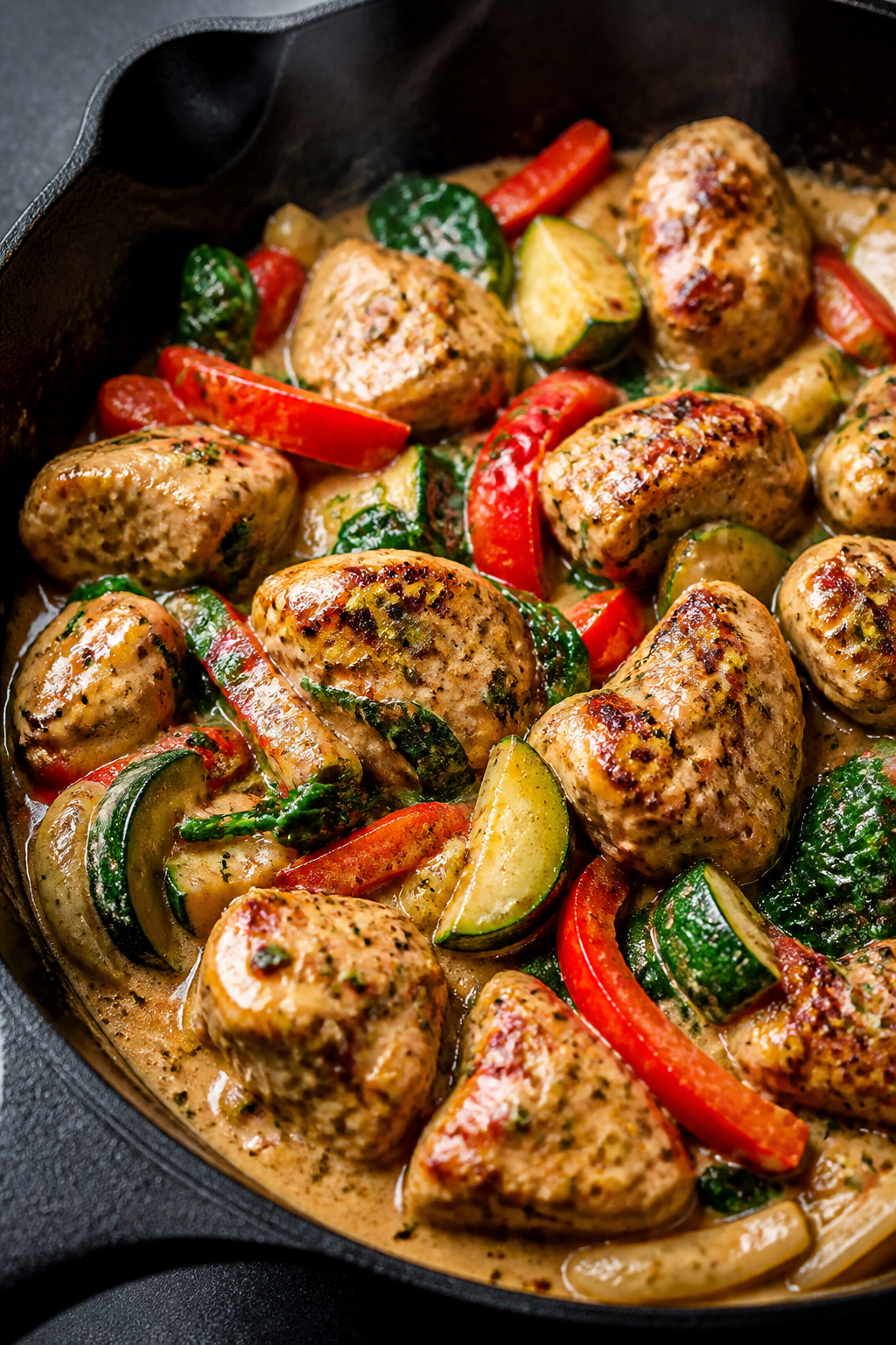 Close-up detail: Golden-browned garlic chicken bites sizzling in a skillet as the creamy lemon-garli