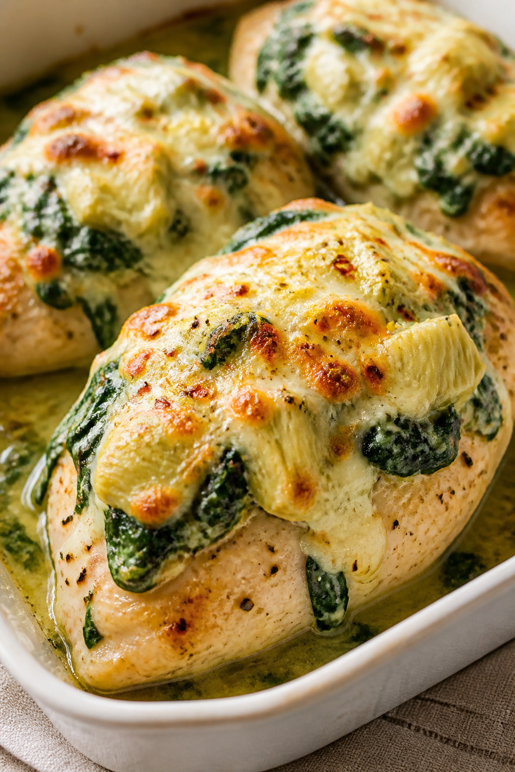Close-up detail: Golden-browned spinach artichoke topping melting over baked chicken breasts just ou