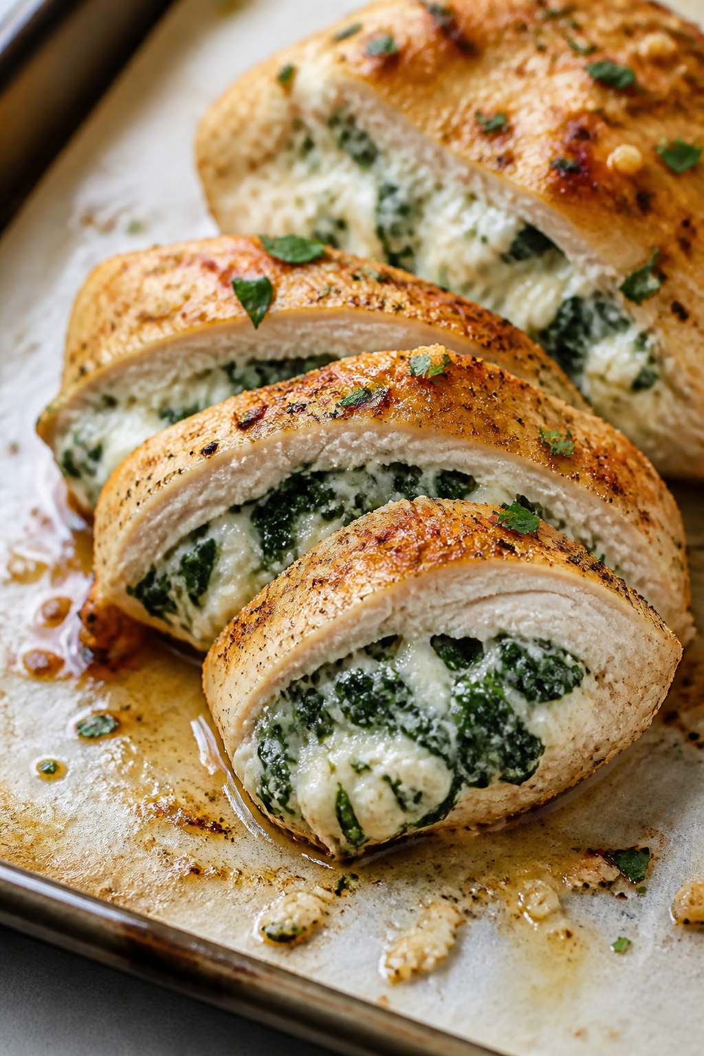 Close-up detail: Golden-browned spinach-stuffed chicken breast just out of the oven, sliced to revea
