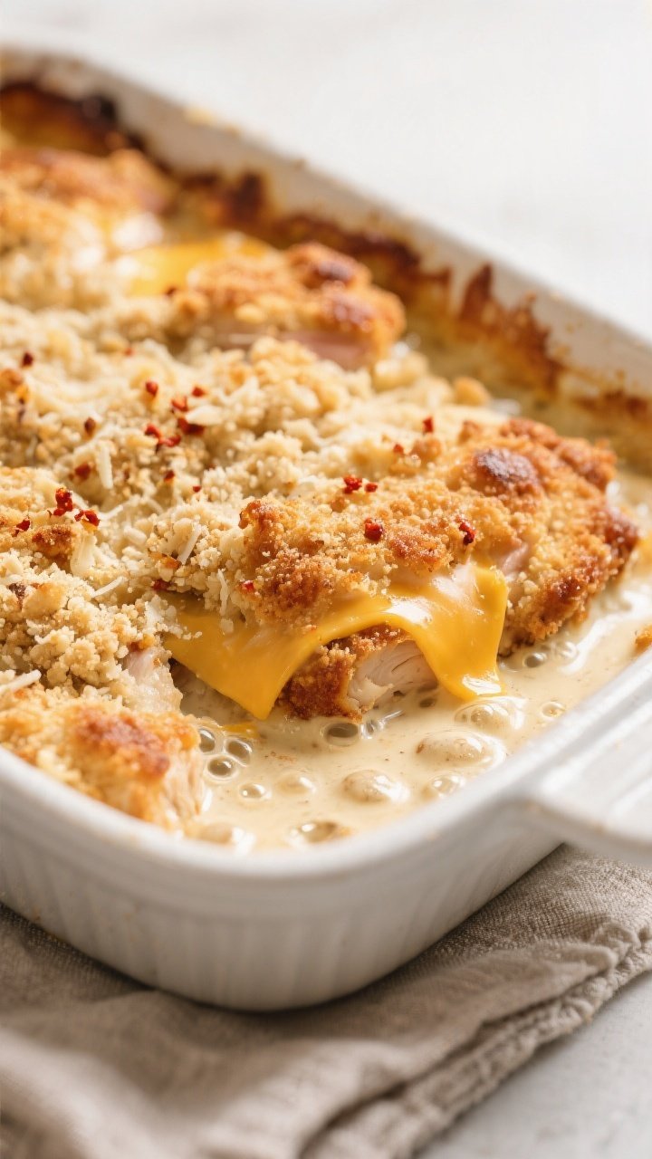 Close-up detail: Golden, bubbling Keto Chicken Cordon Bleu Casserole just out of the oven, showing a