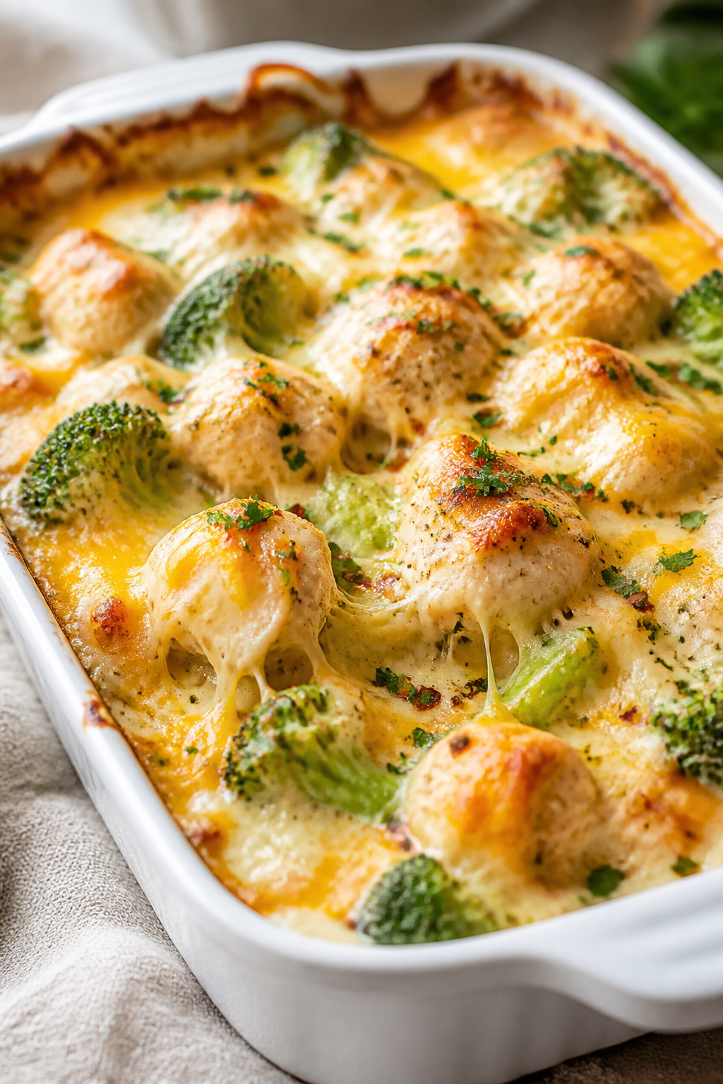 Close-up detail: Golden, bubbling Keto Cream Cheese Chicken Bake just out of the oven, showing melte