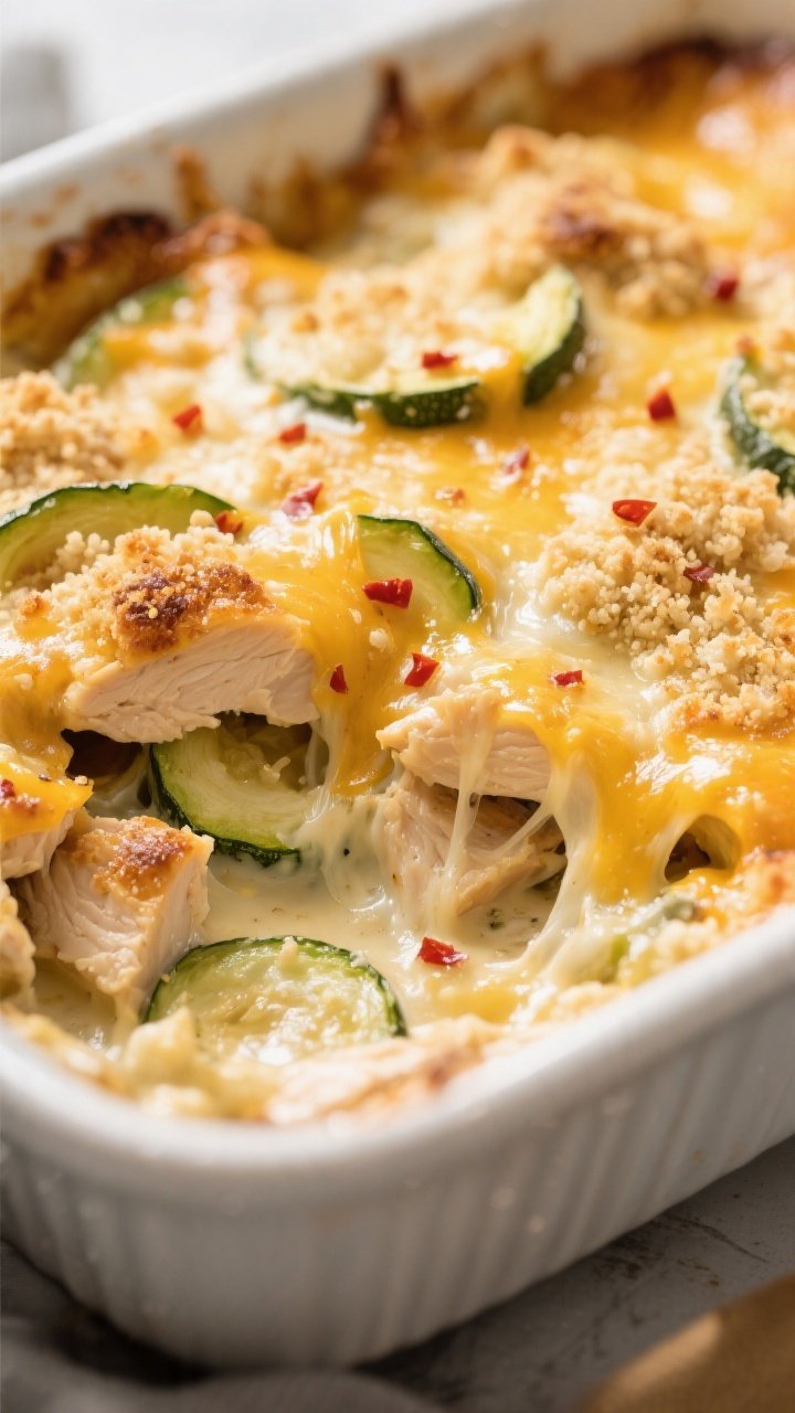 Close-up detail: Golden, bubbly Cheesy Chicken Zucchini Bake just out of the oven, showing stretchy 