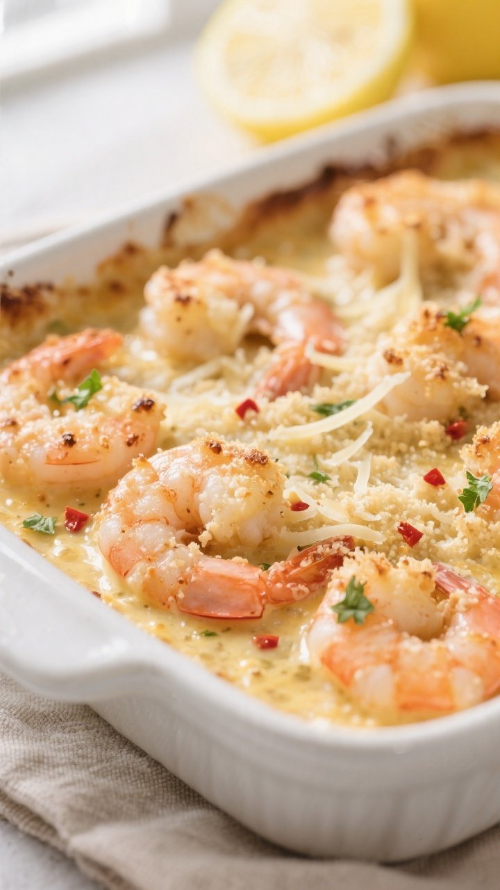 Close-up detail: Golden, bubbly creamy garlic Parmesan shrimp just out of the oven, shrimp curled pi