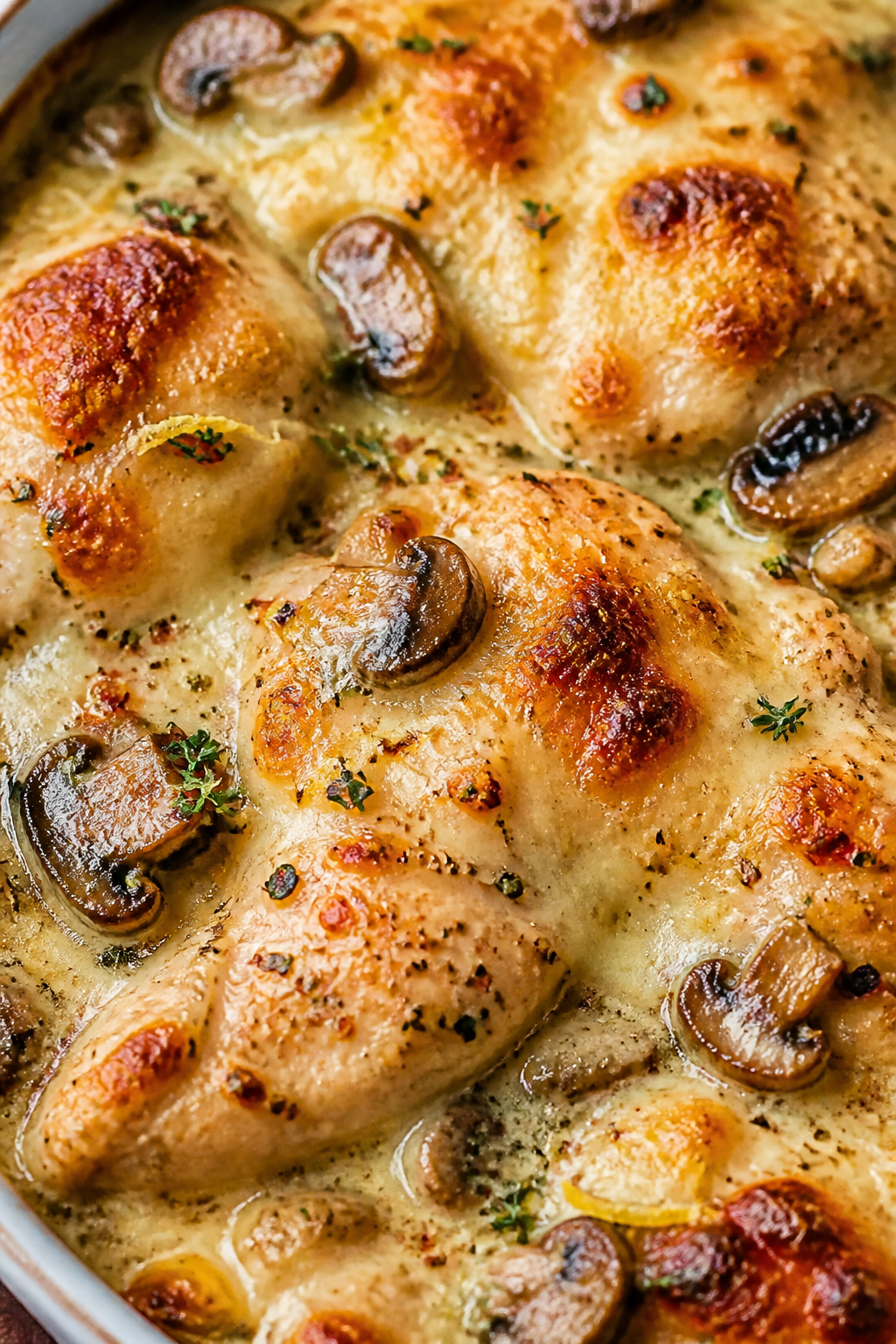 Close-up detail: Golden-bubbly Creamy Keto Chicken Mushroom Bake just out of the oven, tight macro o