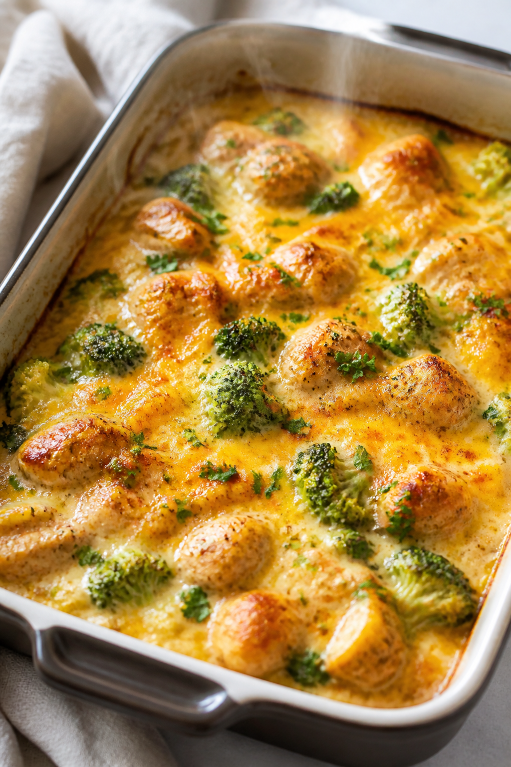 Close-up detail: Golden-bubbly keto broccoli cheese chicken just out of the oven in a 9x13 baking di