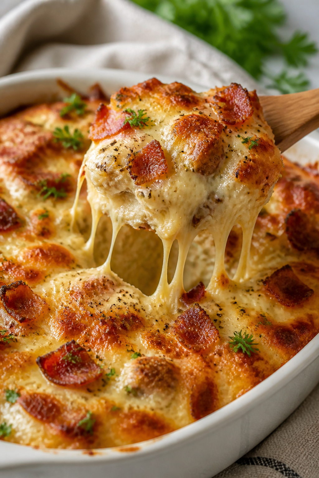 Close-up detail: Golden, bubbly Keto Chicken Bacon Ranch Bake just pulled from the oven, melted mozz