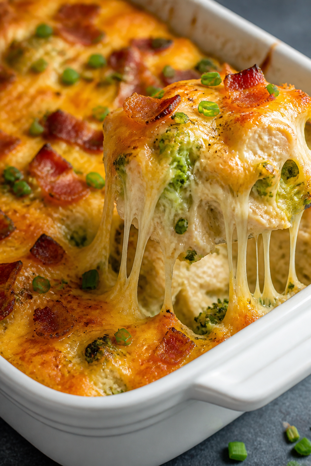 Close-up detail: Golden, bubbly Keto Chicken Bacon Ranch Casserole just out of the oven, with string