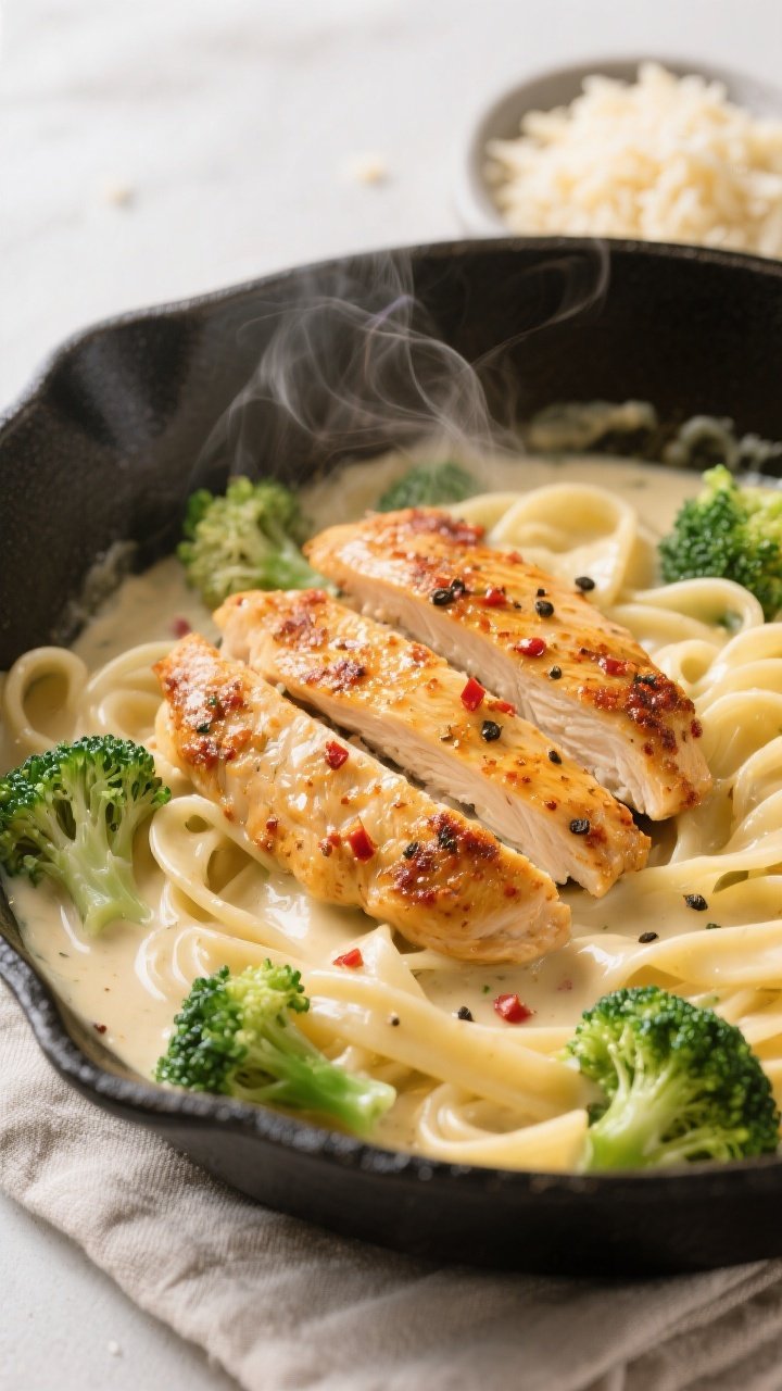 Close-up detail: Golden Cajun-seared chicken strips nestled into silky Alfredo sauce in a skillet, f