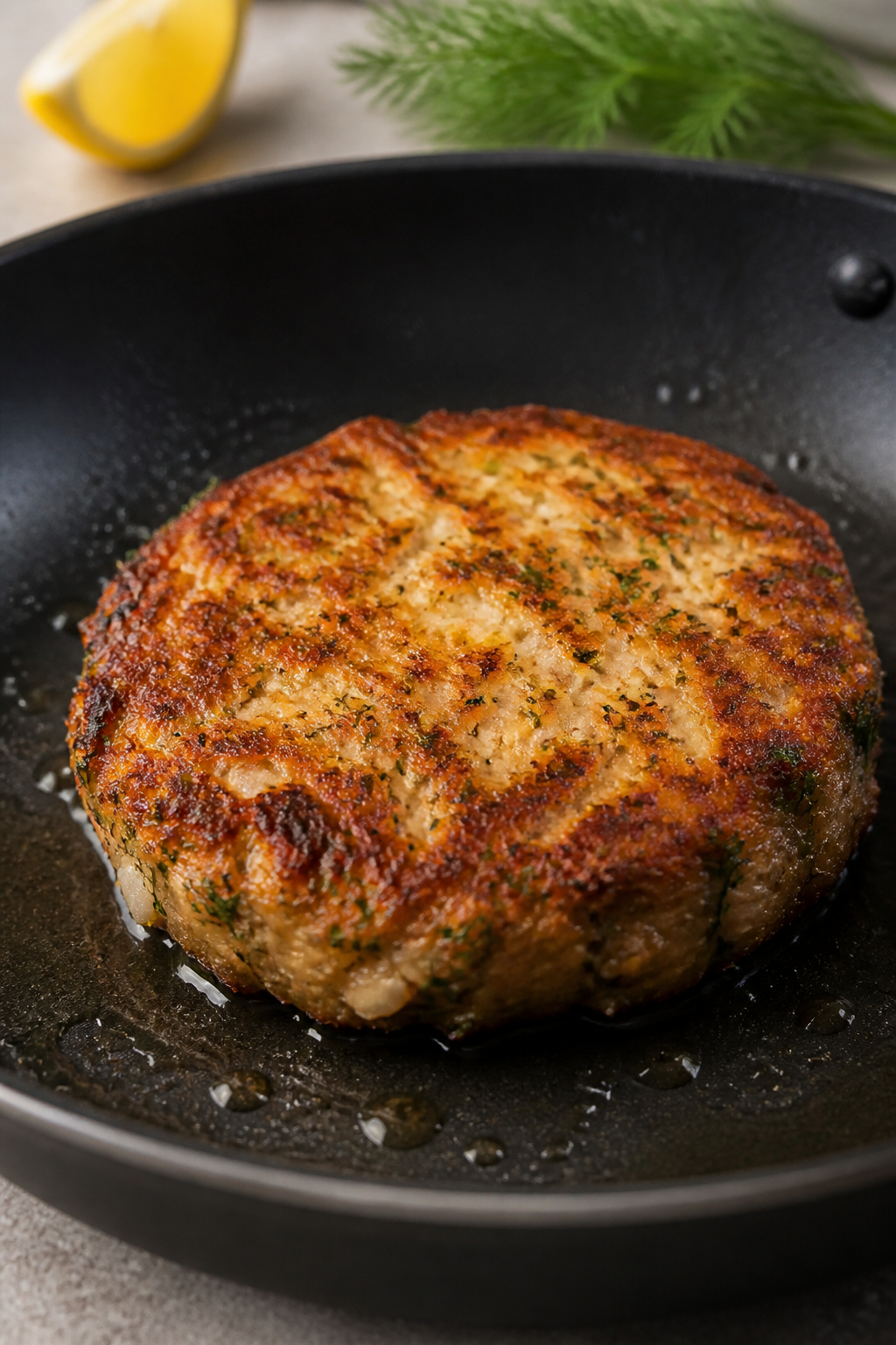 Close-up detail: Golden-crisp keto salmon cake just flipped in a nonstick skillet, sizzling in avoca