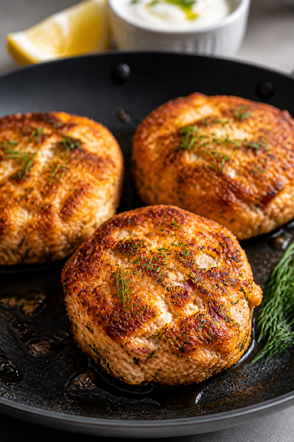 Close-up detail: Golden, crisp keto salmon cakes sizzling in a nonstick skillet over medium heat, ed