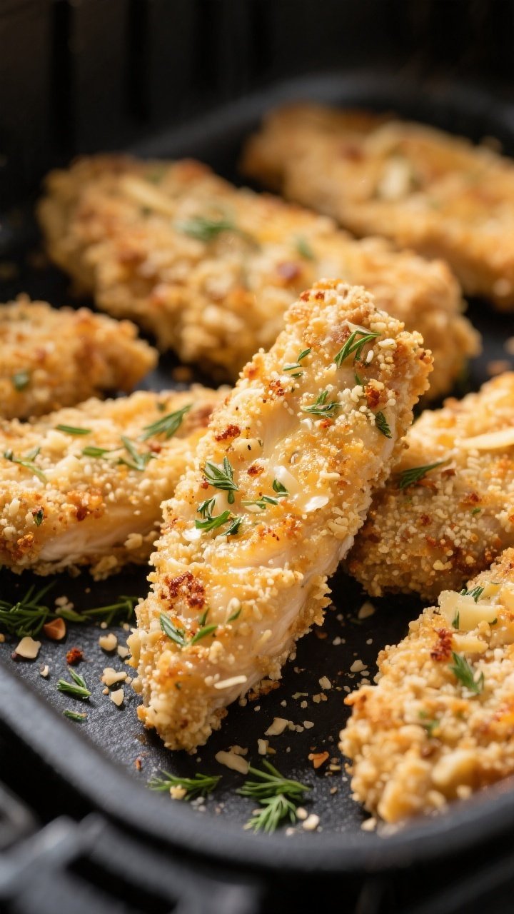 Close-up detail: Golden, crispy keto ranch chicken tenders just out of the air fryer, extreme close-
