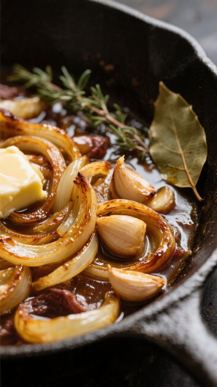 Close-up detail: Golden, deeply caramelized sliced onions and garlic simmering in a skillet with but