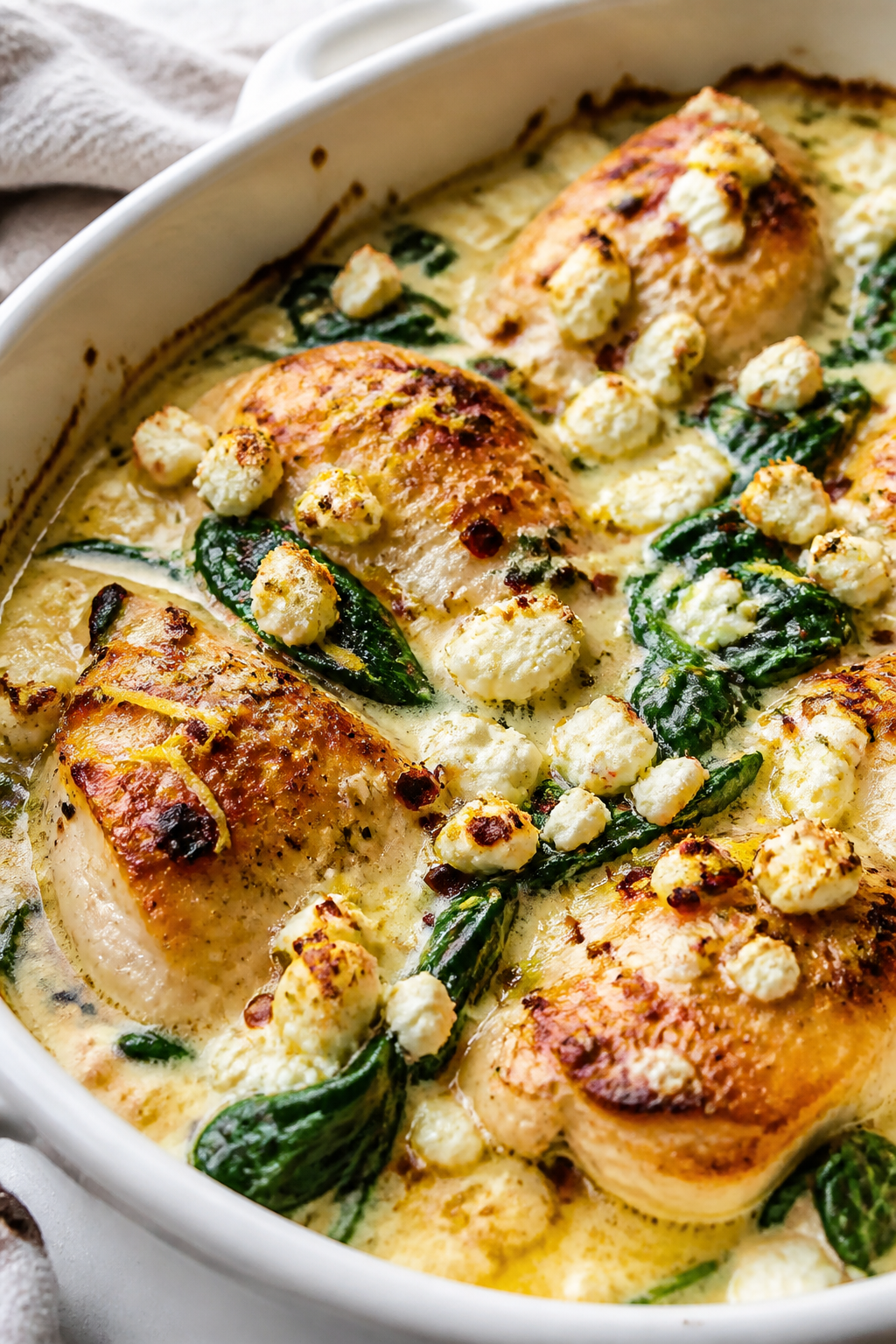 Close-up detail: Golden, just-broiled Keto Chicken Feta Spinach Bake with crumbled feta lightly cara
