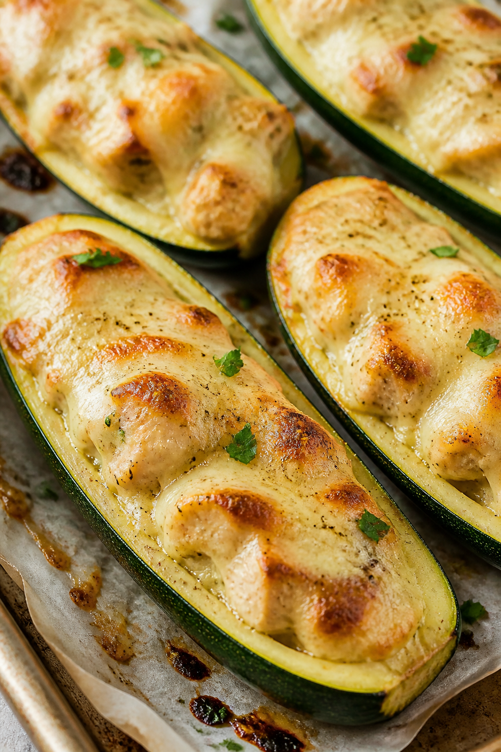 Close-up detail: Golden, just-broiled Keto Chicken Alfredo Zucchini Bowls fresh from the oven, chees