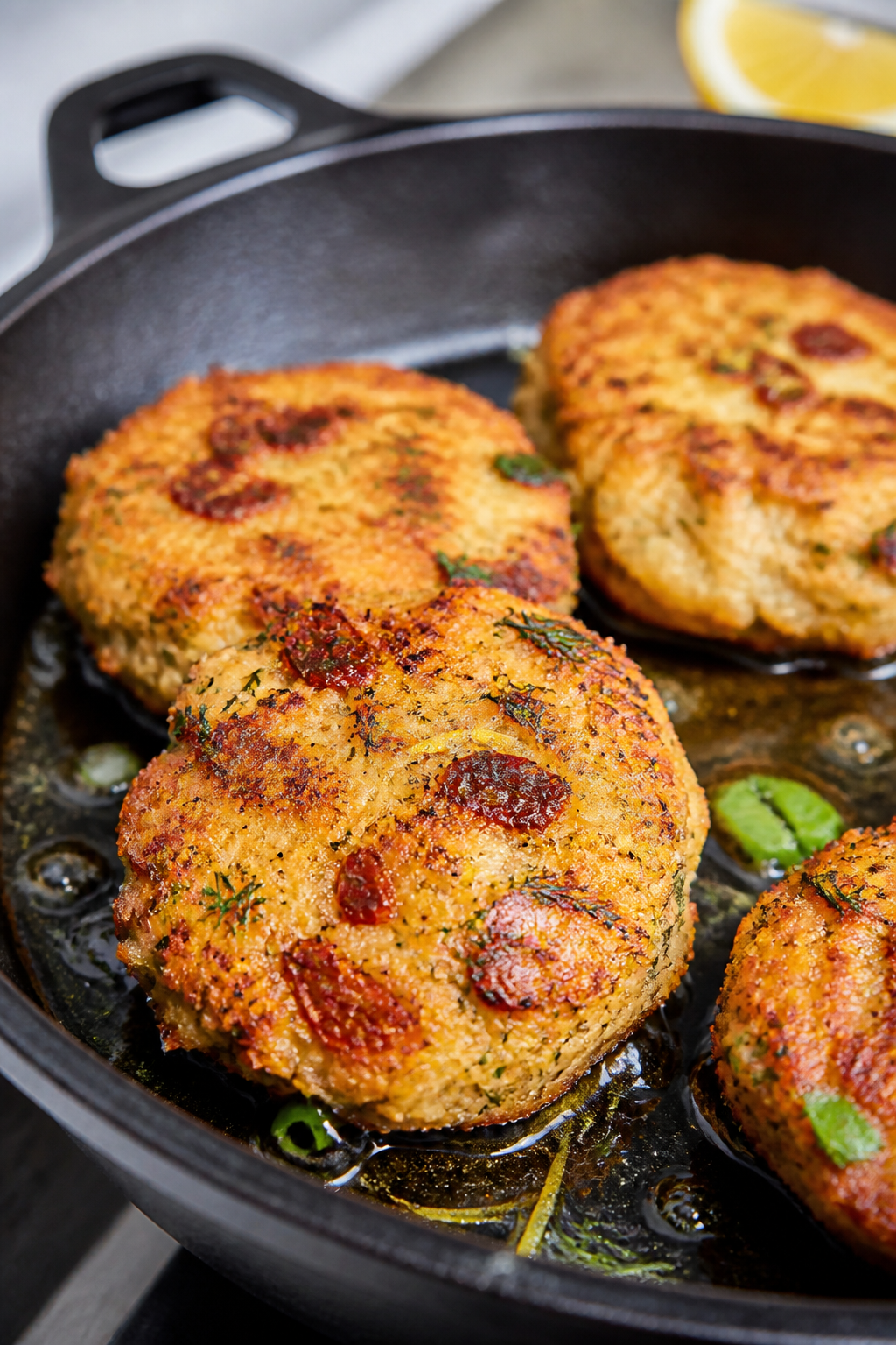 Close-up detail: Golden keto salmon patties sizzling in a cast-iron skillet, crisp, deeply browned e