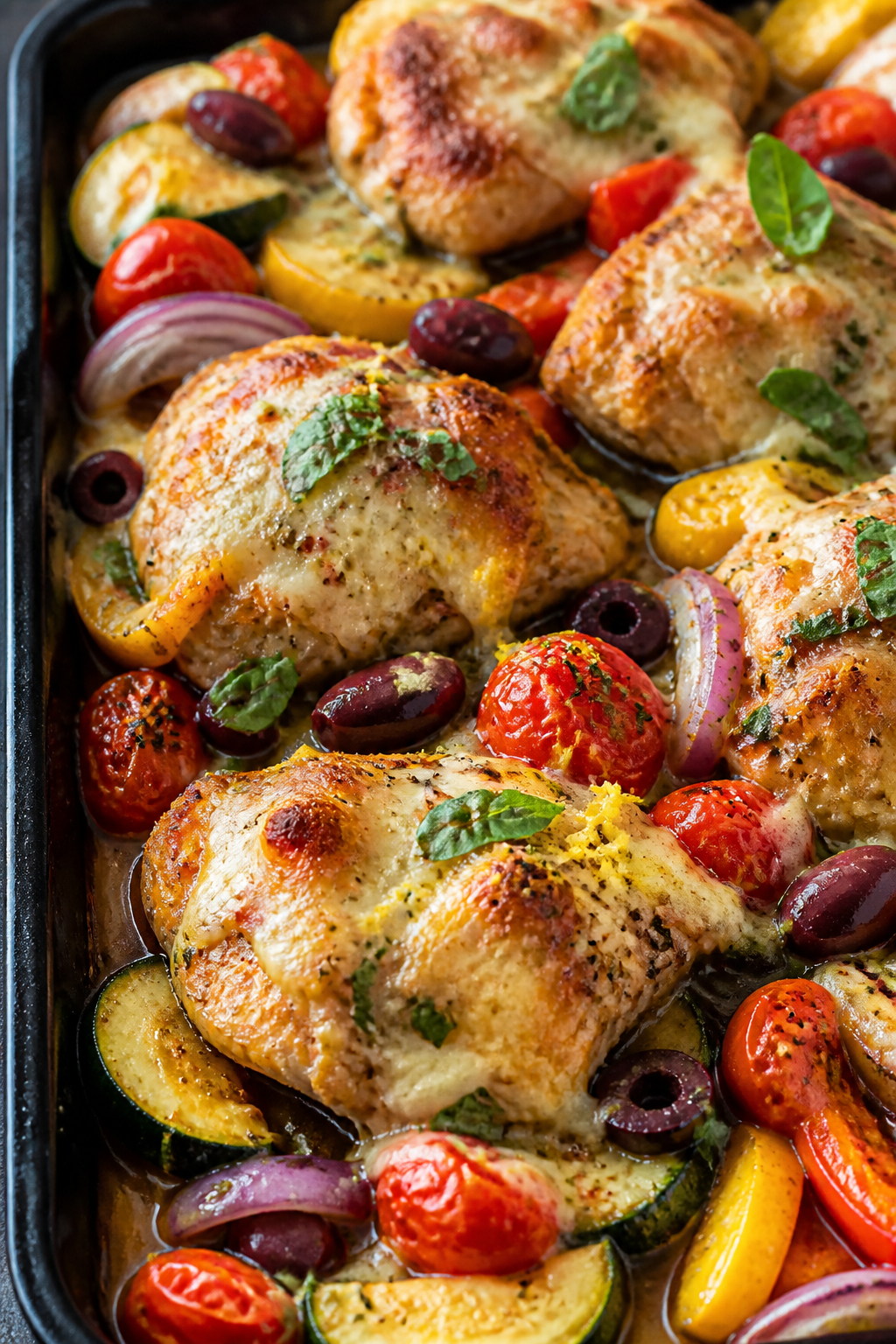 Close-up detail: Golden, melty Keto Italian Chicken Bake fresh from the oven—juicy chicken thighs 