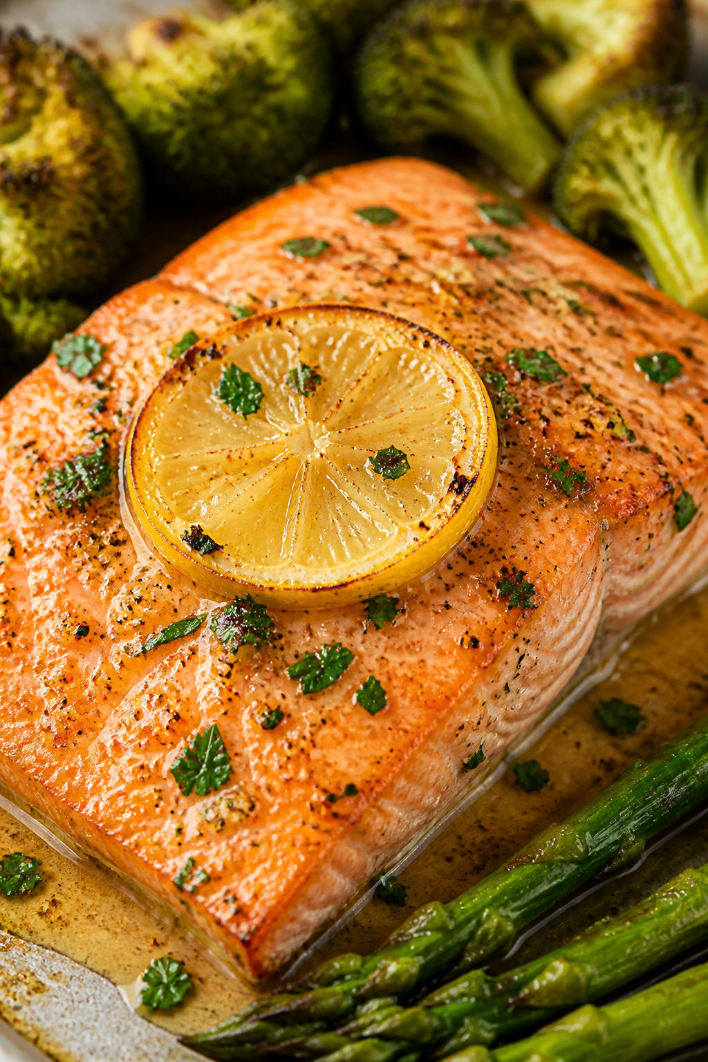 Close-up detail: Golden, oven-baked salmon fillet just out of the oven, topped with glossy lemon-gar