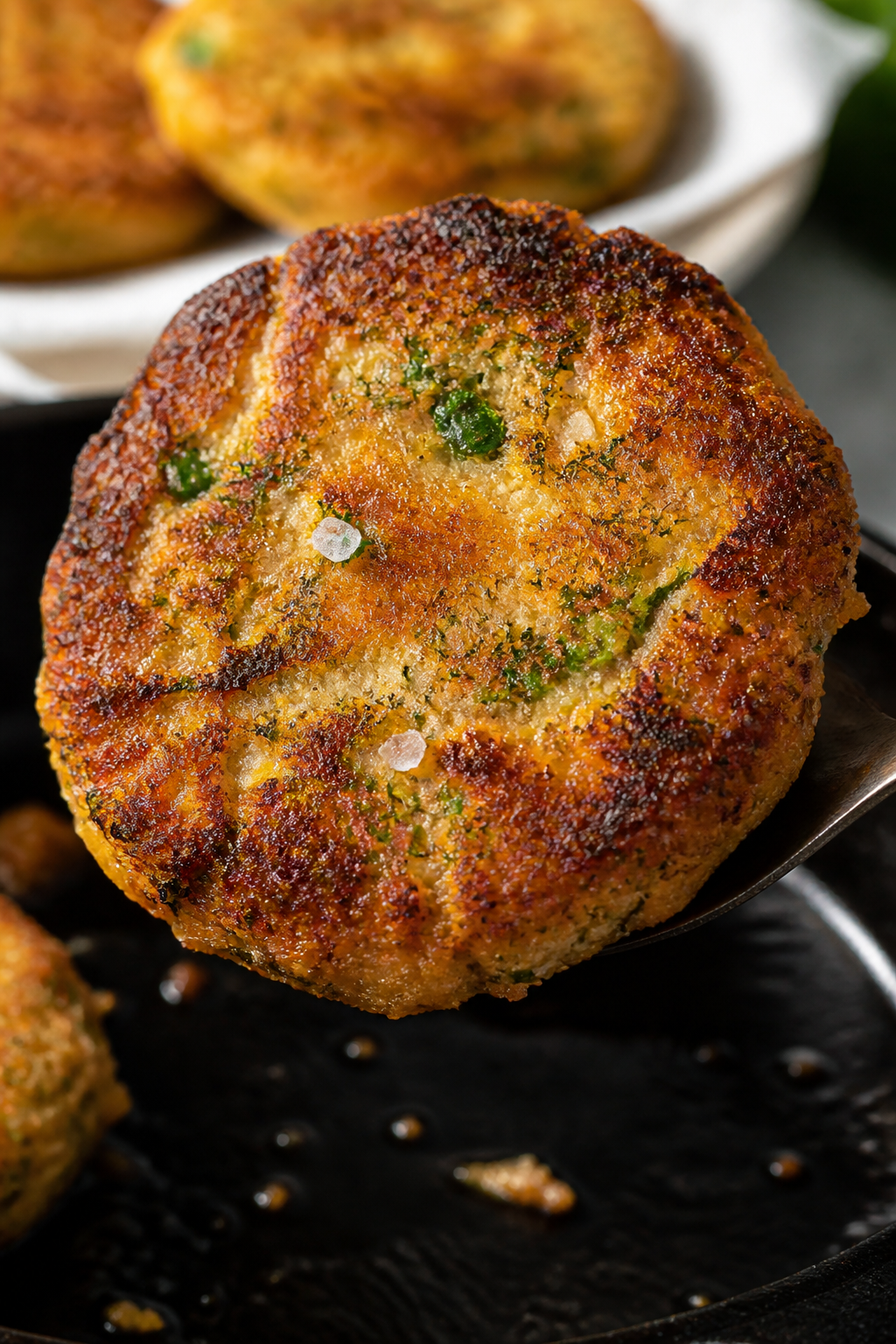 Close-up detail: Golden, pan-fried Jalapeño Ranch Keto Salmon Patty just lifted from a cast-iron sk