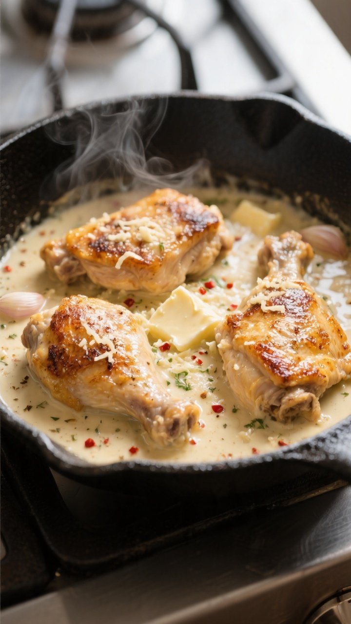 Close-up detail: Golden, pan-seared chicken thighs nestled in a bubbling creamy garlic-Parmesan sauc