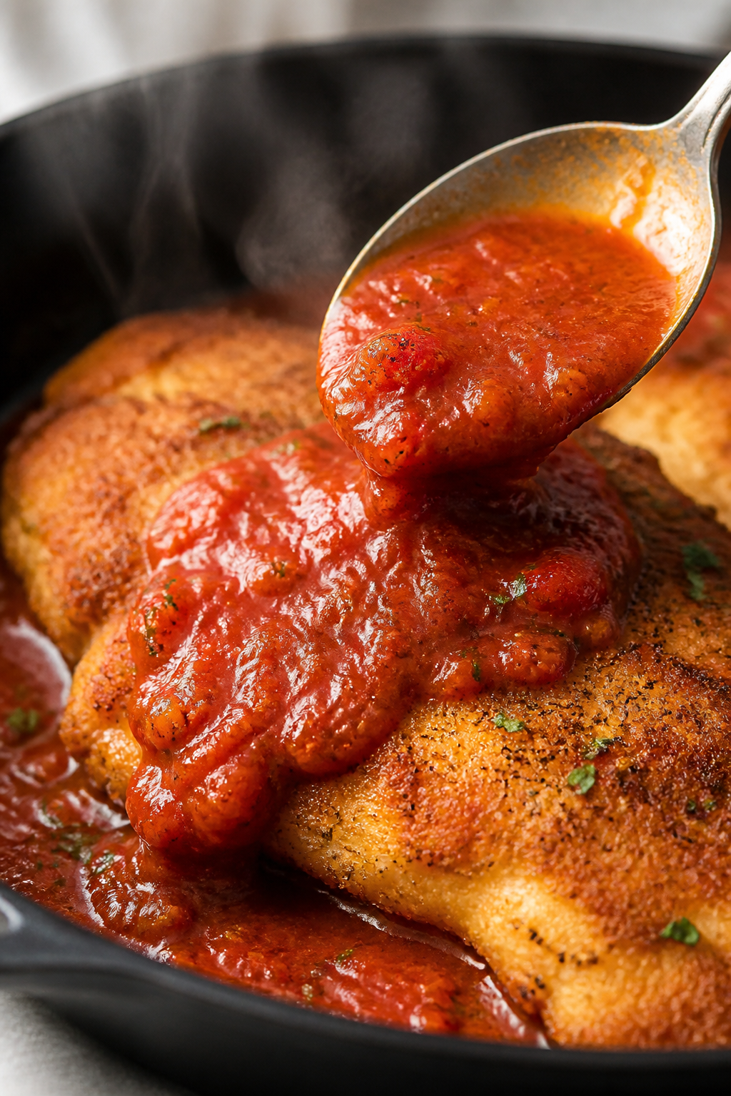 Close-up detail: Golden, pan-seared keto chicken cutlet coated in almond flour and Parmesan, showing