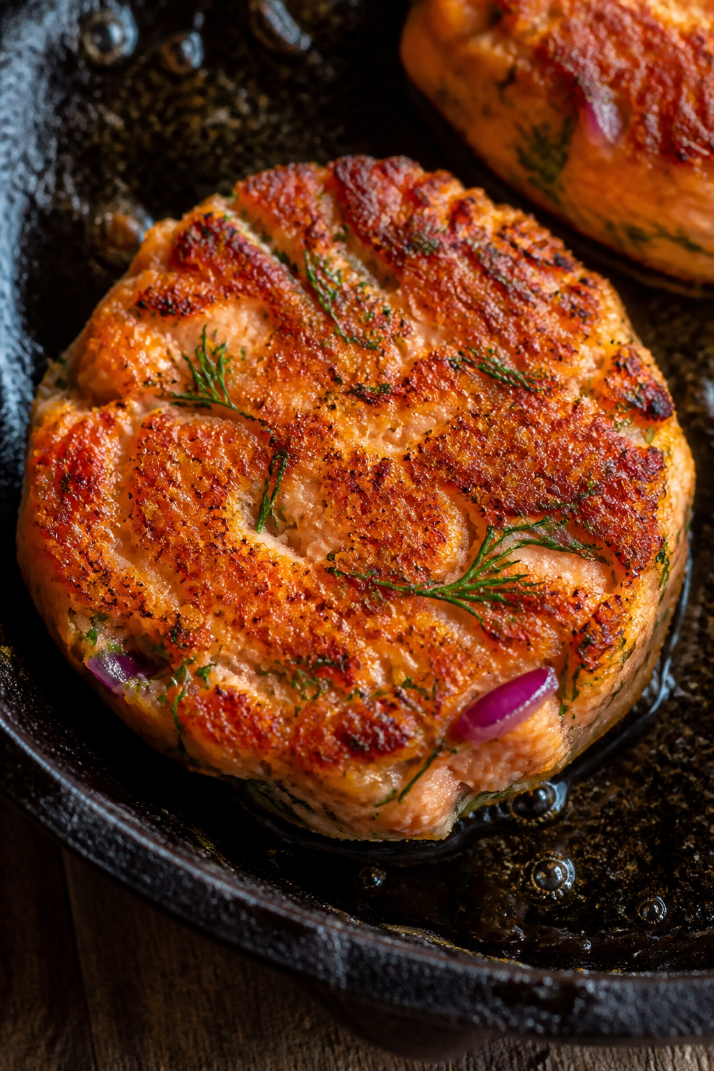 Close-up detail: Golden, pan-seared smoked salmon keto patty sizzling in a cast-iron skillet, crisp 