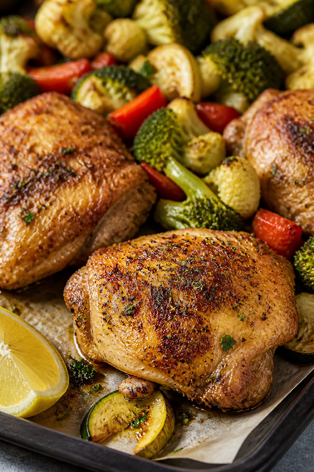 Close-up detail: Golden, ranch-seasoned chicken thighs fresh from the oven, edges lightly charred fr