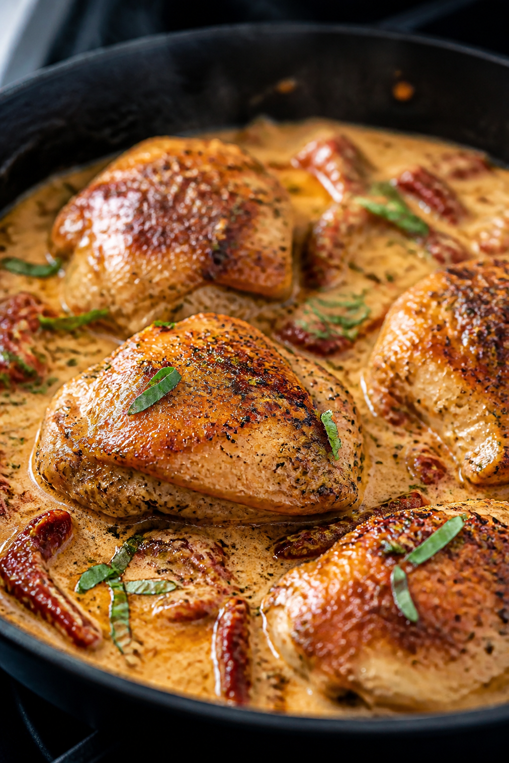 Close-up detail: Golden-seared boneless chicken thighs nestled in a simmering sun-dried tomato cream