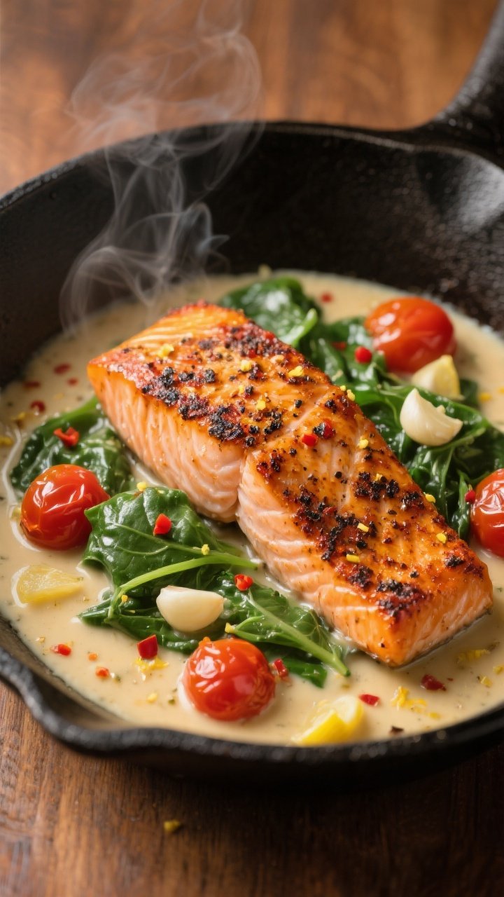Close-up detail: Golden-seared Cajun salmon fillet nestled in a silky garlic-butter cream sauce with