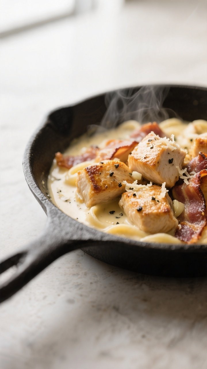 Close-up detail: Golden seared chicken bites and crisped thick-cut bacon nestled in a silky Parmesan
