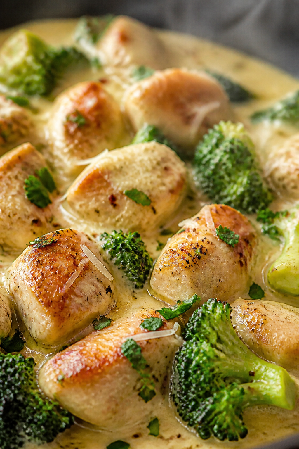 Close-up detail: Golden-seared chicken bites coated in silky Alfredo sauce with visible flecks of bl