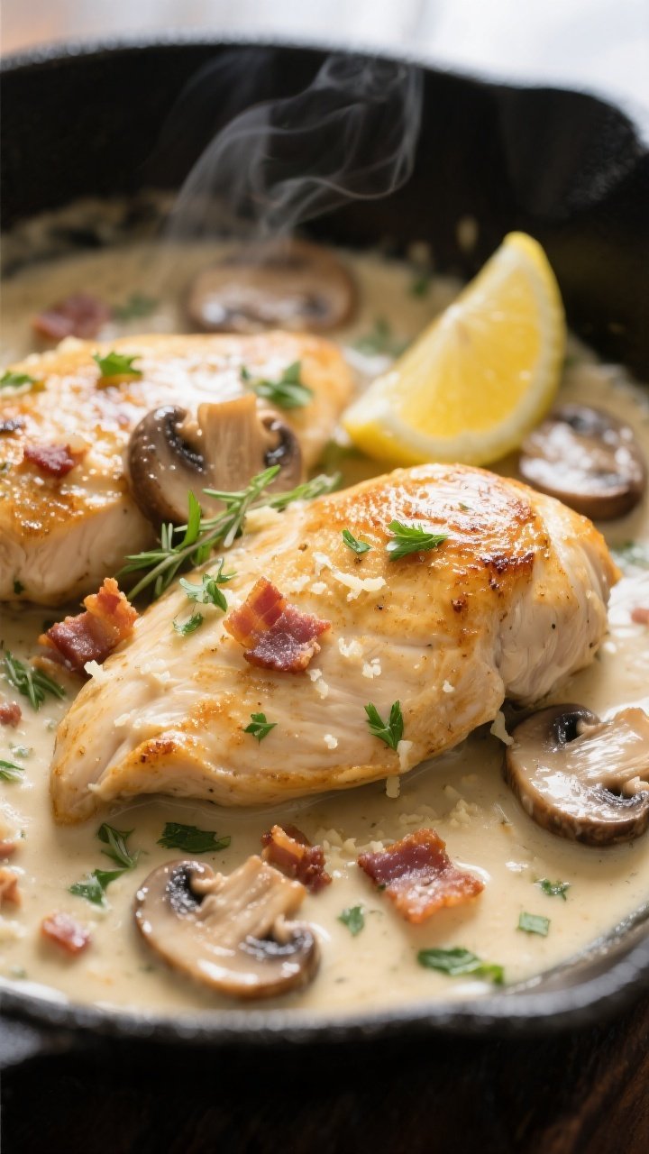 Close-up detail: Golden-seared chicken breasts nestled in a velvety garlic-Parmesan cream sauce with