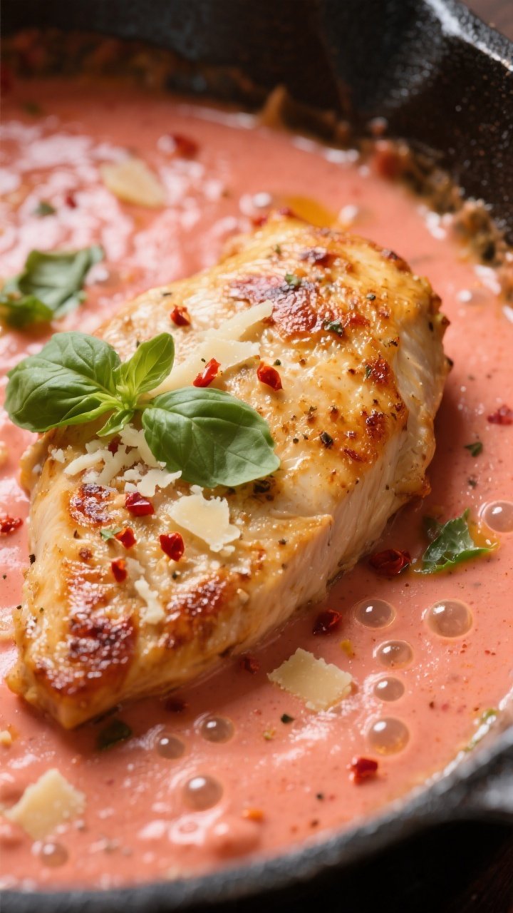 Close-up detail: Golden-seared chicken cutlet nestled in a silky rosy tomato-cream sauce, tiny bubbl