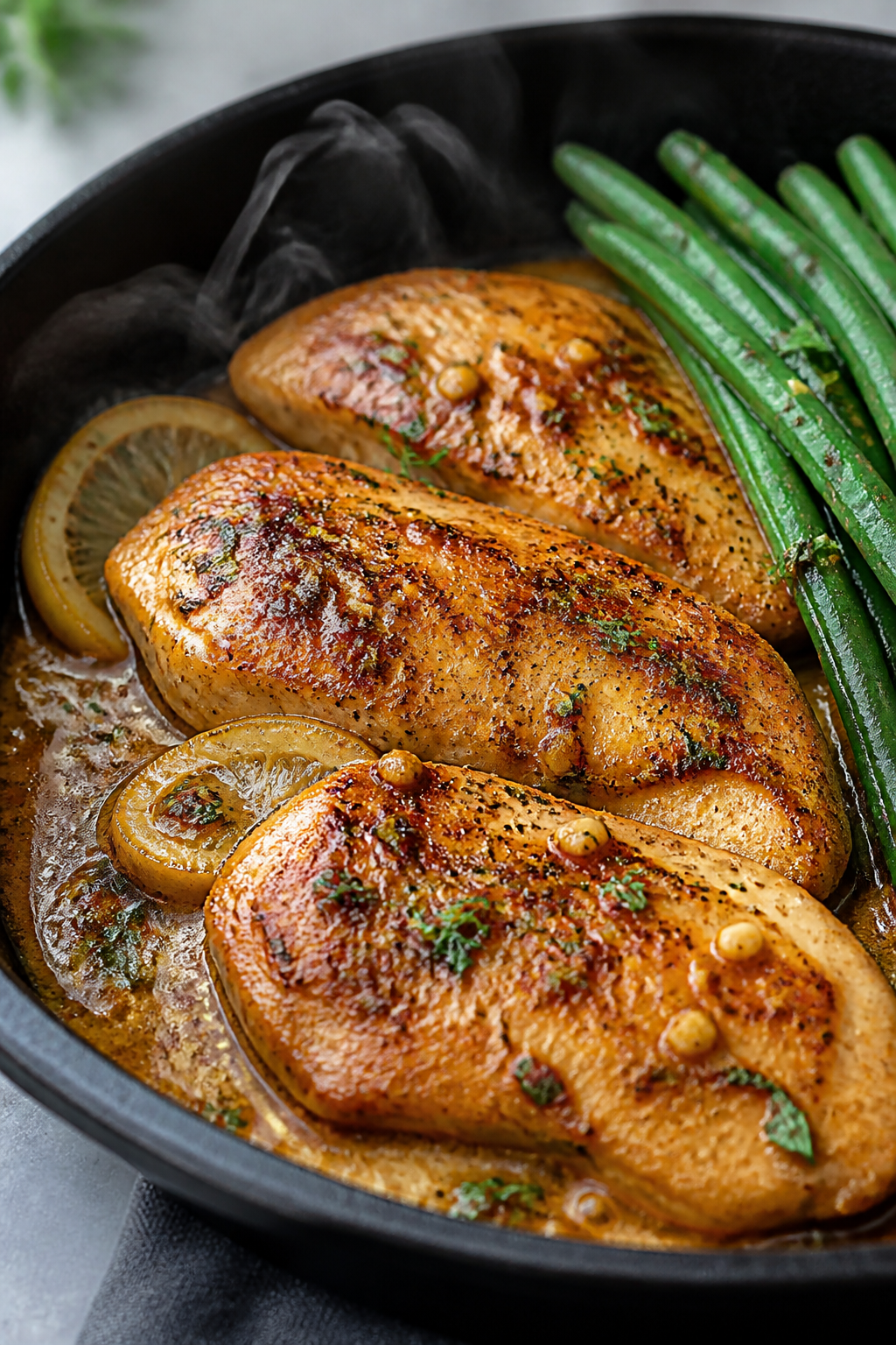 Close-up detail: Golden-seared chicken cutlets in a skillet, glistening with buttery garlic-lemon pa