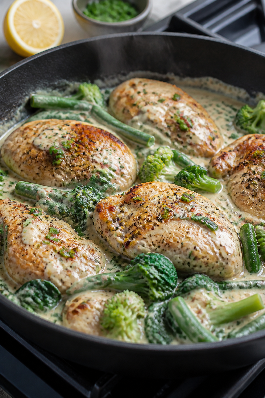 Close-up detail: Golden-seared chicken cutlets nestled in a creamy ranch sauce in a skillet, sauce v